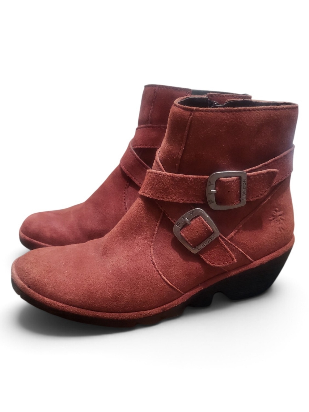 Fly London Women's Suede Ankle Boots in Brick Red with Buckle Straps